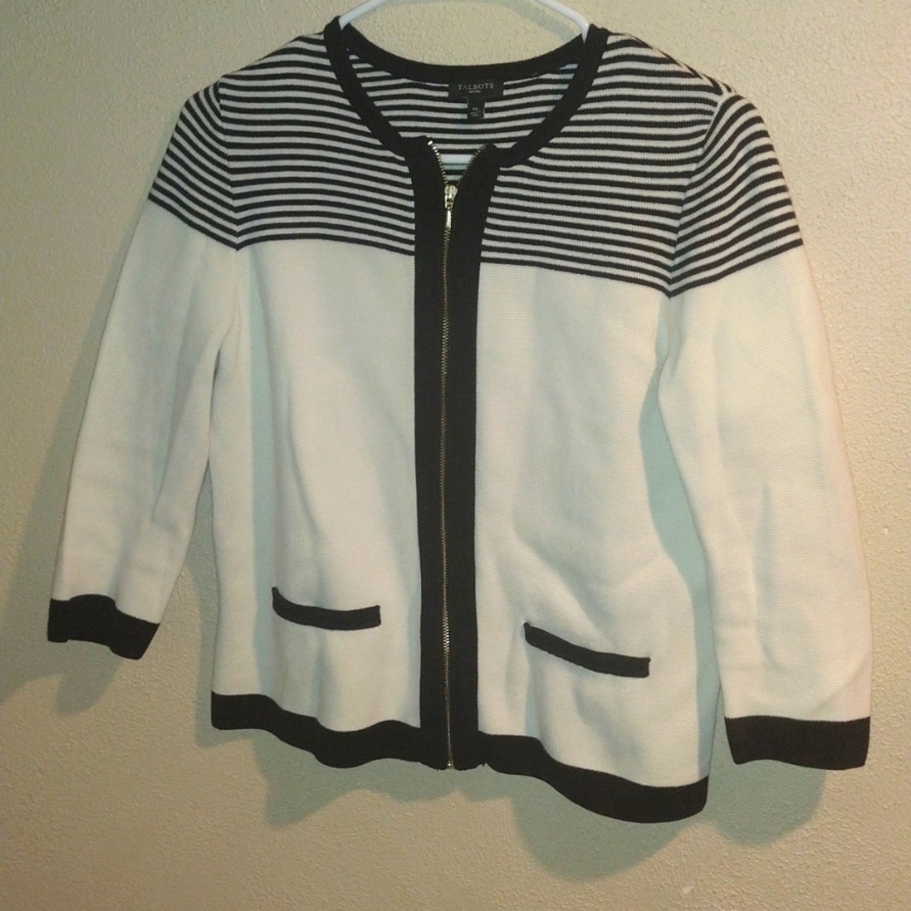 Talbots Navy and White Striped Cardigan Nautical Medium Petite